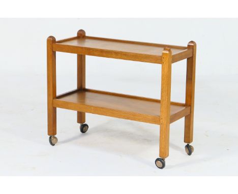 Robert Thompson of Kilburn (Mouseman) oak two tier trolley, rectangular form on square supports, one surmounted with a mouse,