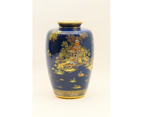 Carltonware chinoiserie vase, shouldered ovoid form decorated with pagoda islands in gilt and coloured enamels, against a dee