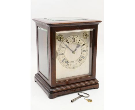 Winterhalder & Hofmeier mahogany cased chiming mantel clock, circa 1900, having a rectangular silvered dial with chapter ring