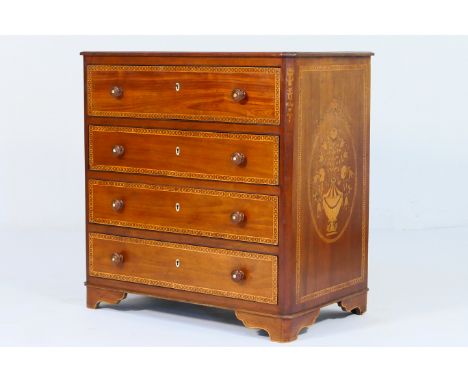 French walnut and marquetry chest of drawers, the top centred with an oval inlay with an urn of flowers in a variety of woods