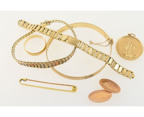 9ct two colour gold bracelet, brick design; also a 9ct gold bangle; a 9ct gold watch bracelet; 9ct gold wedding ring; 9ct gol