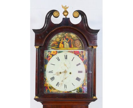 Mahogany eight day longcase clock, circa 1830-50, the hood with swan neck pediment centred with an eagle ball finial, over br