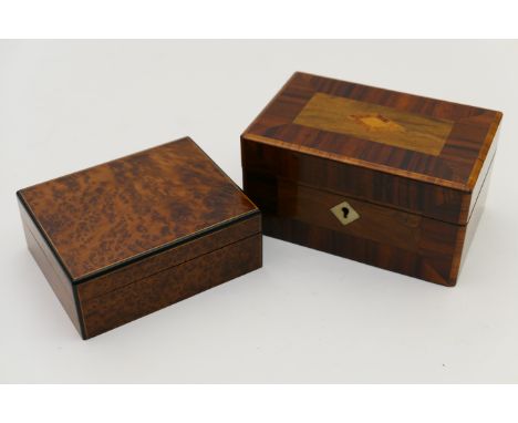 Amboyna playing card box, 20th Century, edged with ebony and boxwood, with a comparted interior, 15cm x 12cm; also a Victoria