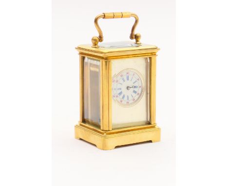 Miniature brass carriage clock, 20th Century, the 20mm dial with blue Roman numerals against a silvered surround, bevelled gl