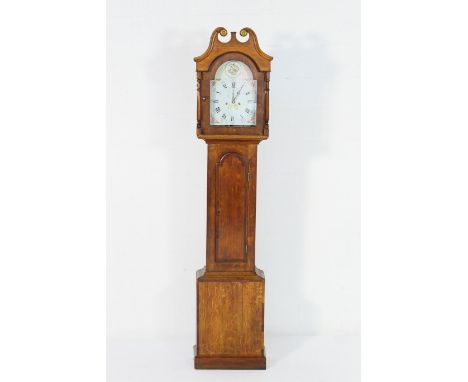 Oak eight day longcase clock by Paul Lacey, Bristol, circa 1820-40, having swan neck pediment over turned columns flanking a 