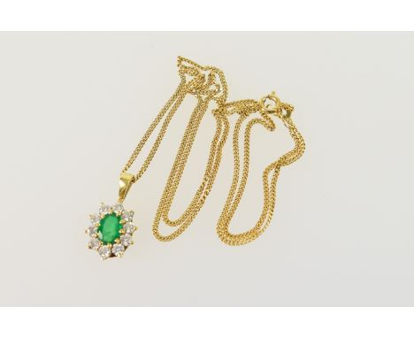 Emerald and diamond pendant necklace, in 18ct yellow gold, the pendant centred with an oval cut emerald of approx. 0.5ct, bor