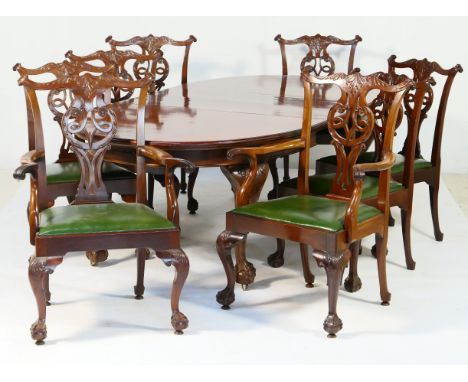 Warings mahogany dining room suite, in the Chippendale Revival style, comprising an extending dining table with D-shaped ends