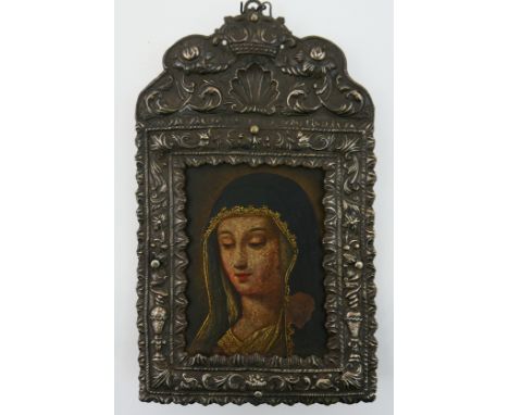 Spanish School (17th/18th Century), Portrait of the Virgin Mary, oil on copper, 10cm x 7.5cm, presented in a Baroque style pr