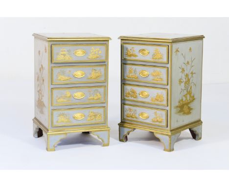 Pair of Chinoiserie painted bedside chests, each having four short drawers with brass oval plate handles and raised gilt lacq