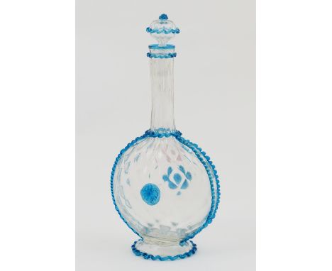 Salviati glass pilgrim flask, moulded clear form decorated with applied ribbons of blue glass and two central foliate glass p