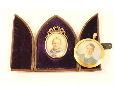 George V portrait miniature of a young boy, quarter length, oval, mounted within a silver gilt ribbon surmount frame, hallmar