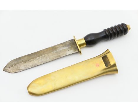 Siebe Gorman &amp; Co. diver's knife, with turned ebony handle, 18.5cm double edged blade and brass scabbard, 34cm NB: This k