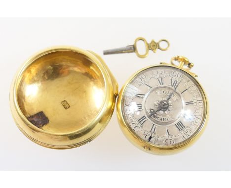 Silver gilt pair cased verge pocket watch, signed E W D Bayley, London, circa 1740, plain polished outer case, silver 36mm ma