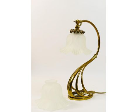 Brass adjustable reading lamp, in the manner of W.A.S. Benson, having an adjustable head with frosted, frilled glass shade, o