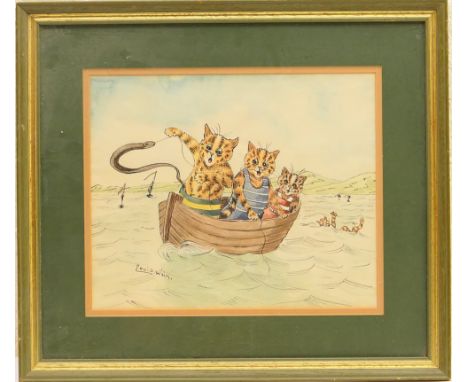 Follower of Louis William Wain (1860-1939), An uncomfortable fishing trip, watercolour, pen and ink, bearing a signature, 23.