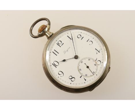Longines 800 standard silver open faced pocket watch, 42mm white dial with Arabic numerals, subsidiary seconds, the back plat