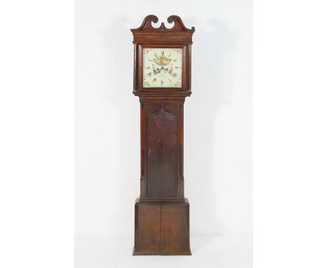 Oak eight day longcase clock by James Holt, Rochdale, circa 1820-40, swan neck pediment over brass capped turned columns flan