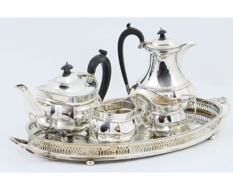 George V silver four piece tea service, Birmingham 1921, comprising teapot, hot water jug, milk jug and sugar basin, all of s