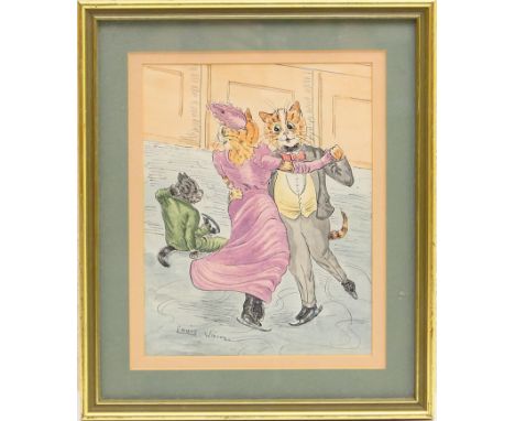 Follower of Louis William Wain (1860-1939), Heavy fall on the ice, watercolour, pen and ink, bearing a signature, 24cm x 18.5
