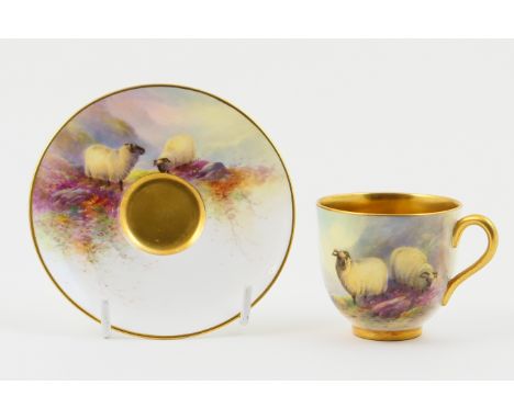 Royal Worcester cabinet cup and saucer, circa 1933, decorated with sheep in a Highland landscape by E Barker, the cup with a 