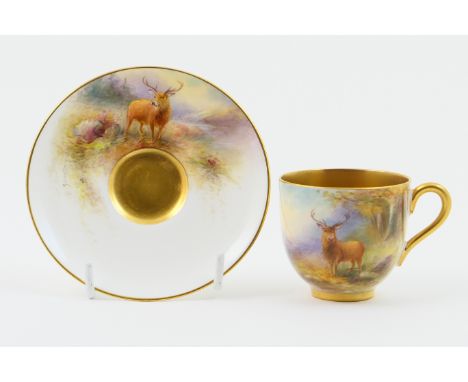 Royal Worcester cabinet cup and saucer, circa 1931, decorated with a stag in a Highland landscape by James Stinton, the cup w