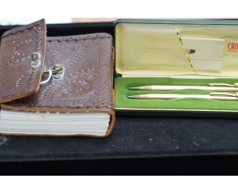 Cross vintage rolled gold pen set &amp; leather bound notebook