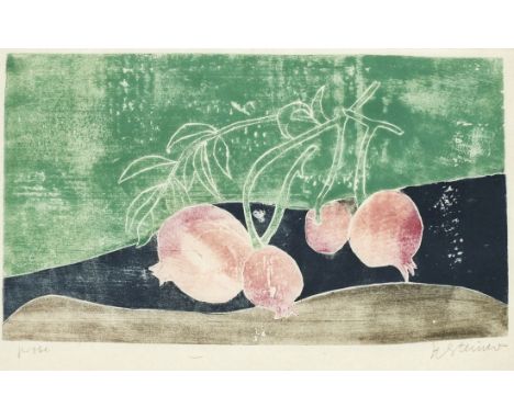 Heinrich Steiner1911 Kaiserslautern - 2009 Rom - "Granat-Äpfel" - Farbholzschnitt/Japan. Probe(druck). 20,5 x 35,8 cm, 25 x 3