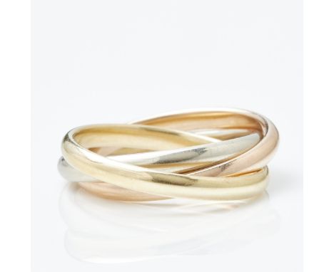 Trinity-Ring585/- Gelbgold, Weißgold und Roségold, gestemp. Gewicht: 6,6 g. Ringgröße 54. Tragespuren.