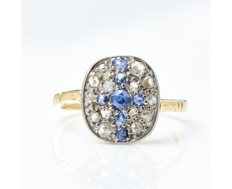 Zierlicher Ring mit Saphiren750/- Gelbgold, platiniert, gestemp. Gewicht: 3,5 g. Div. Saphire. Div. Diamanten. Ringgr. 55. Gu