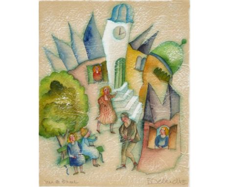 Françoise Deberdt1934 Donnemarie-en-Montois -  lebt in Paris - "Sur le banc" - Aquarell/Papier. 18,5 x 14,5 cm. Sign. und dat