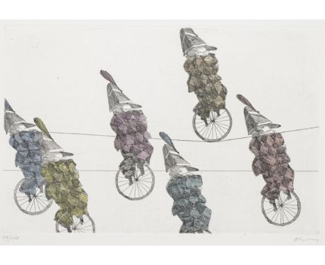 Paul Flora1922 Glurns - 2009 Innsbruck - Einradfahrer - Farbradierung/Papier. 79/100. 19,5 x 29,4 cm, 40,4 x 47 cm. Sign. r. 