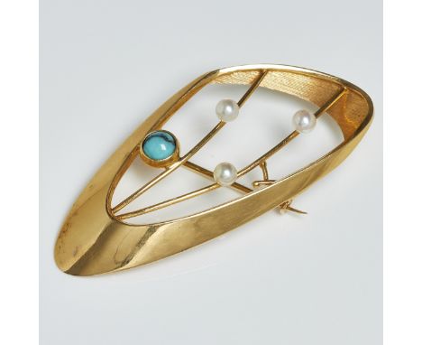 Vintage Gold-Brosche mit TürkisFa. NIL. Stockholm 1965. Entw.: JP. 750/- Gelbgold, gestemp. Gewicht: 4,3 g. Punzen: JP. 1 Tür