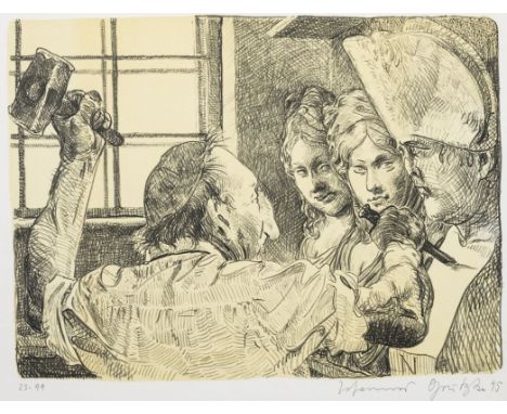 Johannes Grützke1937 Berlin - 2017 Berlin - "Der Bildhauer Schadow mit Napoleonbüste" - Farblithografie/Papier. 23/99. 31 x 4