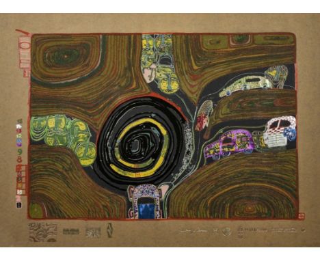 Friedensreich Hundertwasser1928 Wien - 2000 an Bord der Queen Elizabeth II - "Kreisverkehr" - Farbserigrafie/bräunliches Papi