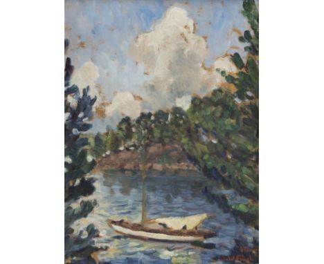 Alfred William Finch1854 Brüssel - 1930 Helsinki - Segelboot in einer Bucht - Öl/Karton auf Karton. 34,6 x 25,8 cm. Undeutl. 