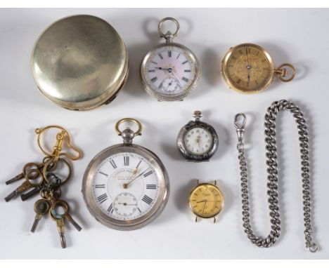 A lady's 18ct gold fob watch, a 9ct gold wristwatch, three pocket watches, a silver curb-link watch chain, six keys and a wat
