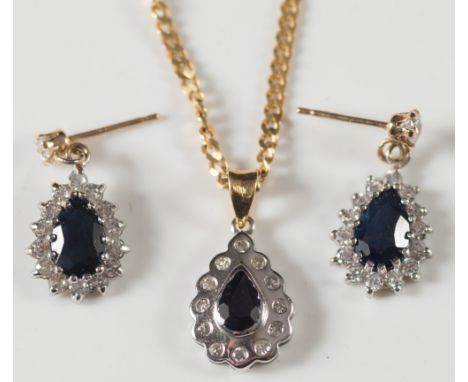 A sapphire and diamond pear shaped pendant on 9ct gold curb-link chain, together with a pair of sapphire and diamond pear sha