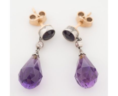 A pair of amethyst and diamond drop earrings:, each with a briolette amethyst drop suspended from a smaller circular amethyst