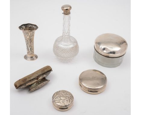 A small Victorian silver box and cover: , a small silver vase, an embossed silver patch box and cover, a mounted glass small 