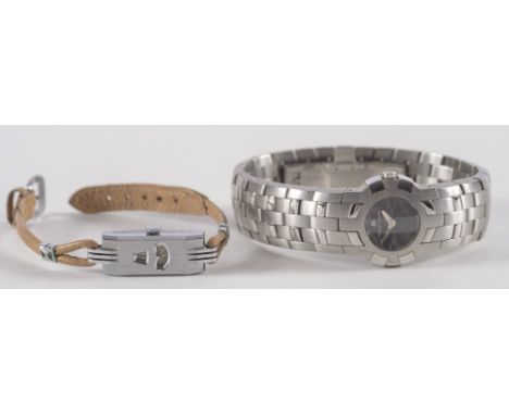 Maurice LaCroix. A lady's stainless steel wristwatch and a lady's mid 20th century digital cocktail watch: on leather strap.
