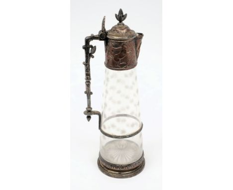 An early 20th century Elkington & Co.electroplated claret jug:, of tapering cylindrical outline, the domed hinged lid with pi