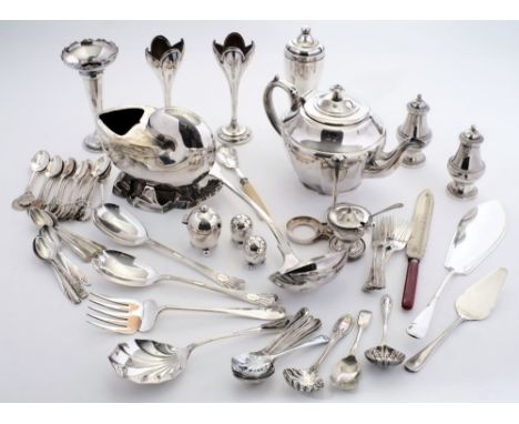 Assorted plated wares: including spoon warmer, cruet set, vases, soup ladle and other items.