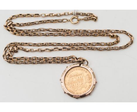 A Victorian half sovereign dated '1871', mounted as a pendant on 9ct gold, oval-link chain:.  