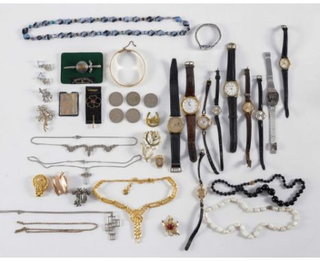 A lady's 9ct gold cased wristwatch, a lady's 'Omega' wristwatch, a gold chain and a small group of costume jewellery and wris