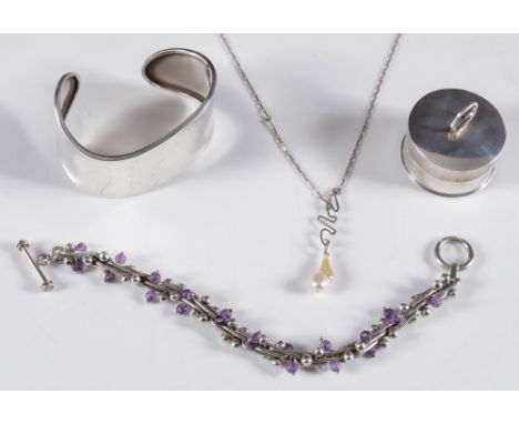 A Mexican open bangle stamped '925', an amethyst bead mounted bracelet, a single freshwater pearl drop necklace and a silver 