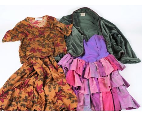 A Jaeger floral printed cotton two piece skirt and blouse, a Coral Reef green velvet jacket:, a Soo Yung Lee printed striped 