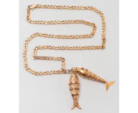 Two gold articulated fish pendants on 9ct gold chain:. 