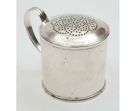 A George III antique silver kitchen pepper dredger: of straight-sided cylindrical form initialled 'P' and with reeded loop ha