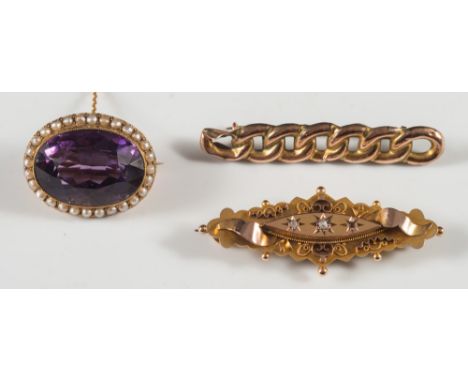 A Victorian amethyst and seed pearl oval brooch, a curb-link bar brooch and a Victorian diamond-set bar brooch:. 