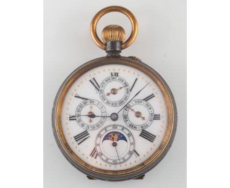 An open-face chronometer calendar pocket watch:, the circular dial with Roman numerals and subsidiary dials for sixty seconds